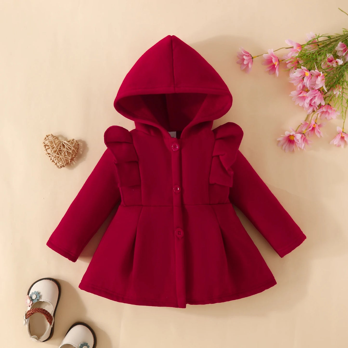 Baby Girl Ruffled Long Sleeve Fleece Hooded Single Breasted CoatKids Clothes Autumn And WinterRecommended To Buy One Size Larger infants girls