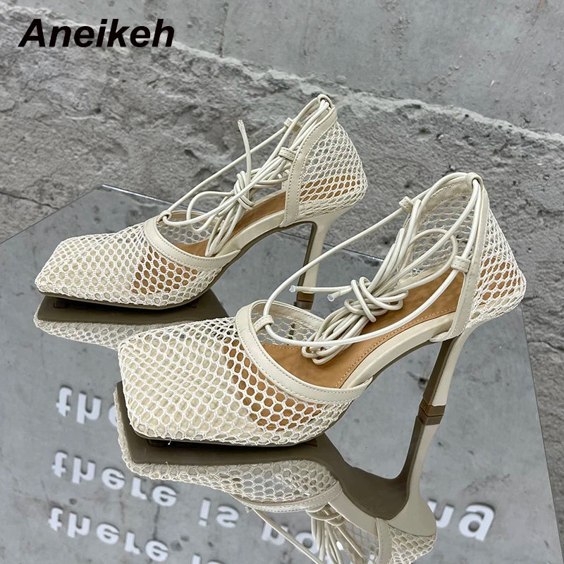 Mesh Pumps Sandals Female Square Toe High Heel Lace Up Cross-Tied Stiletto Hollow Dress heel shoes