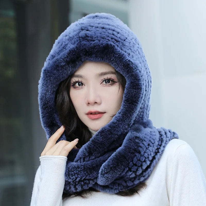 Hot Sale New Women Real Knitted Rex Rabbit Fur Hat Hooded Scarf Long Winter Warm Fur Hat With Neck Collar Scarves Hat Scarf scarf and shawl