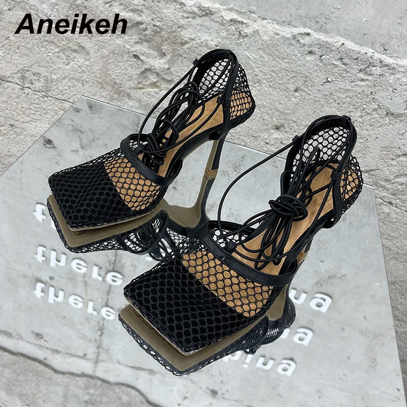 Mesh Pumps Sandals Female Square Toe High Heel Lace Up Cross-Tied Stiletto Hollow Dress heel shoes