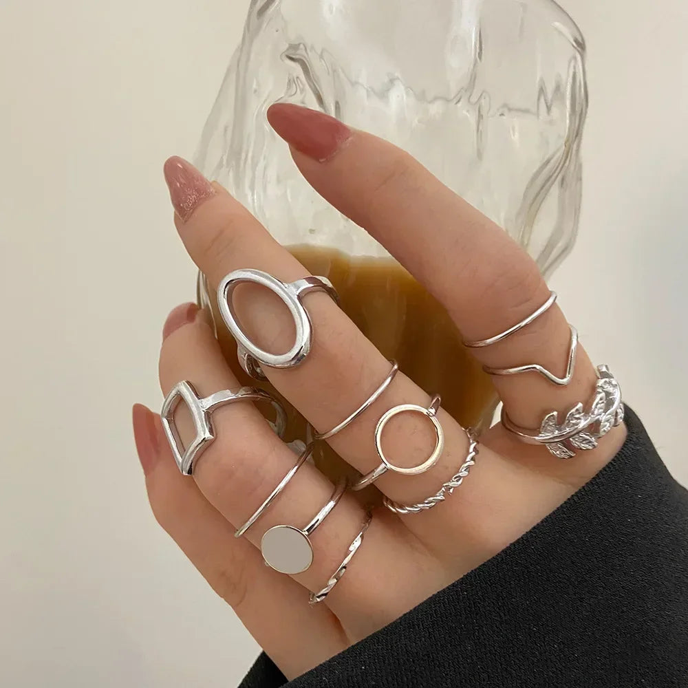 10Pcs Rings Suit For Women Silver-color Chain Ring Set Bohemian Style Coin Snake Moon Star Party Trend Gift Jewelry  rings