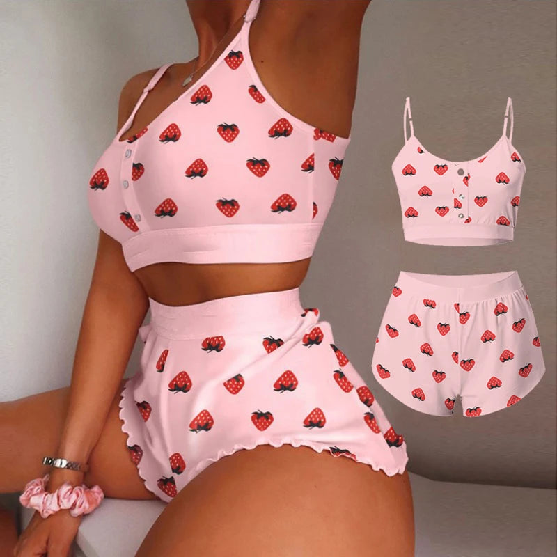 2 Pieces Set Women's Pajama Shorts Suit Multiple Print Underwear Sexy Lingerie Camisoles Tanks Night wear