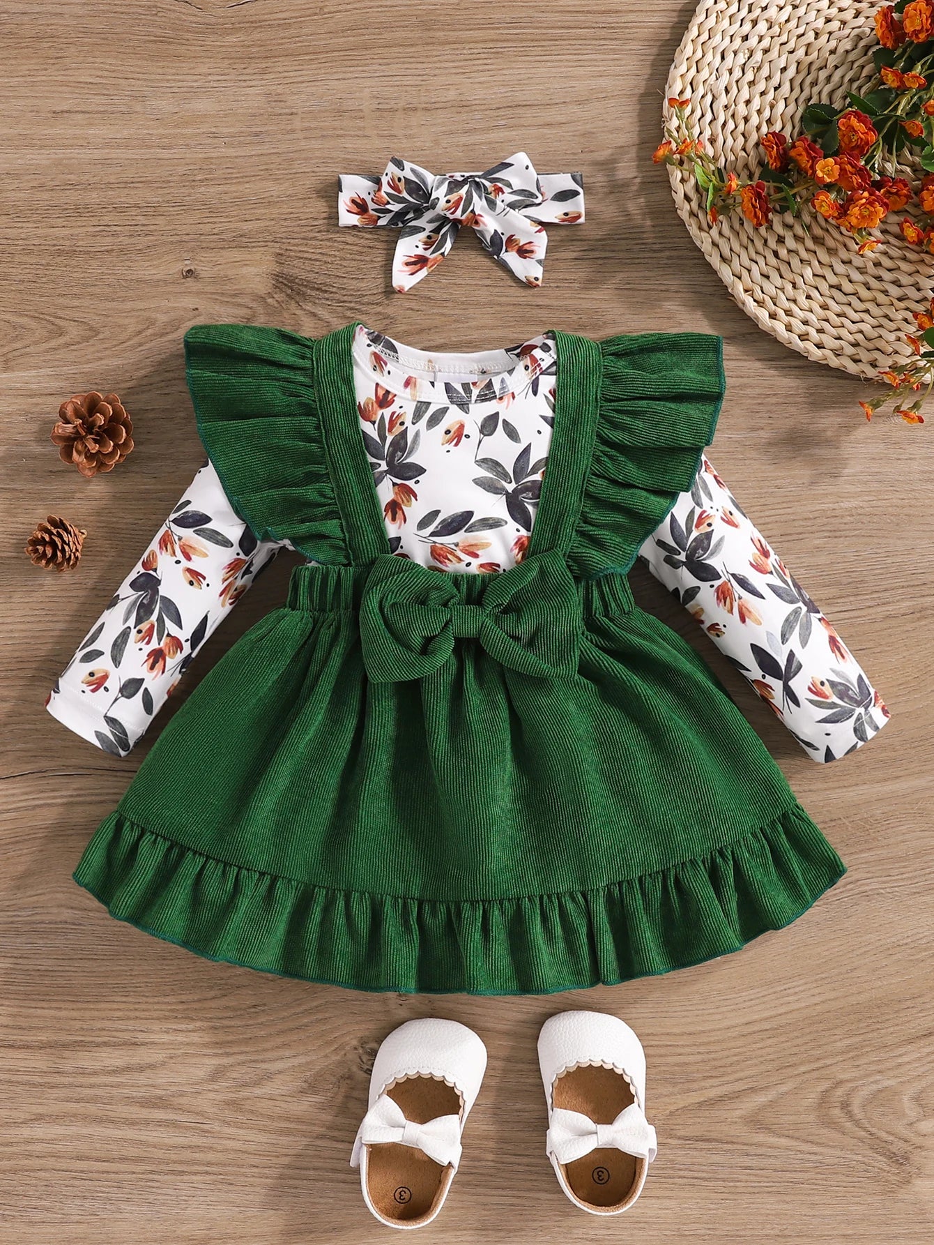 Sweet Baby Girls 3pcs Clothes Set Infant Newborn Spring &Autumn Long Sleeve Jumpsuit +Ruffle Overall Dress +Headband infants girls