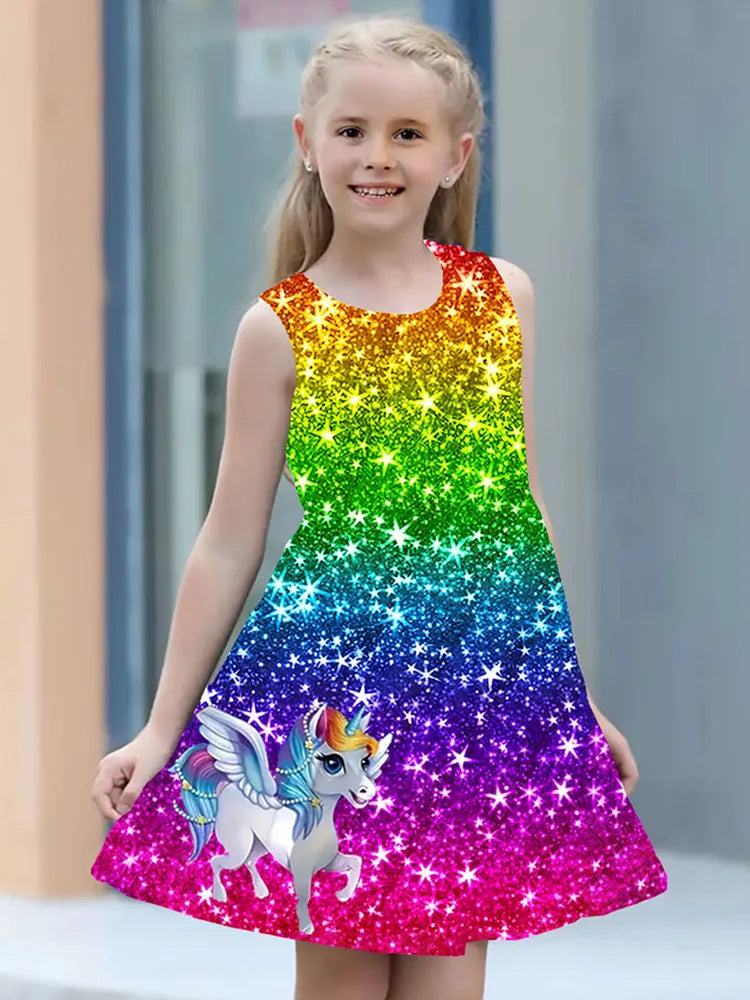 Summer Dress For Young Girls  Kids Clothes Casual Sleeveless 3D Print Children Princess Unicorn Girl Dress From 2 to 7 Years girls dresses