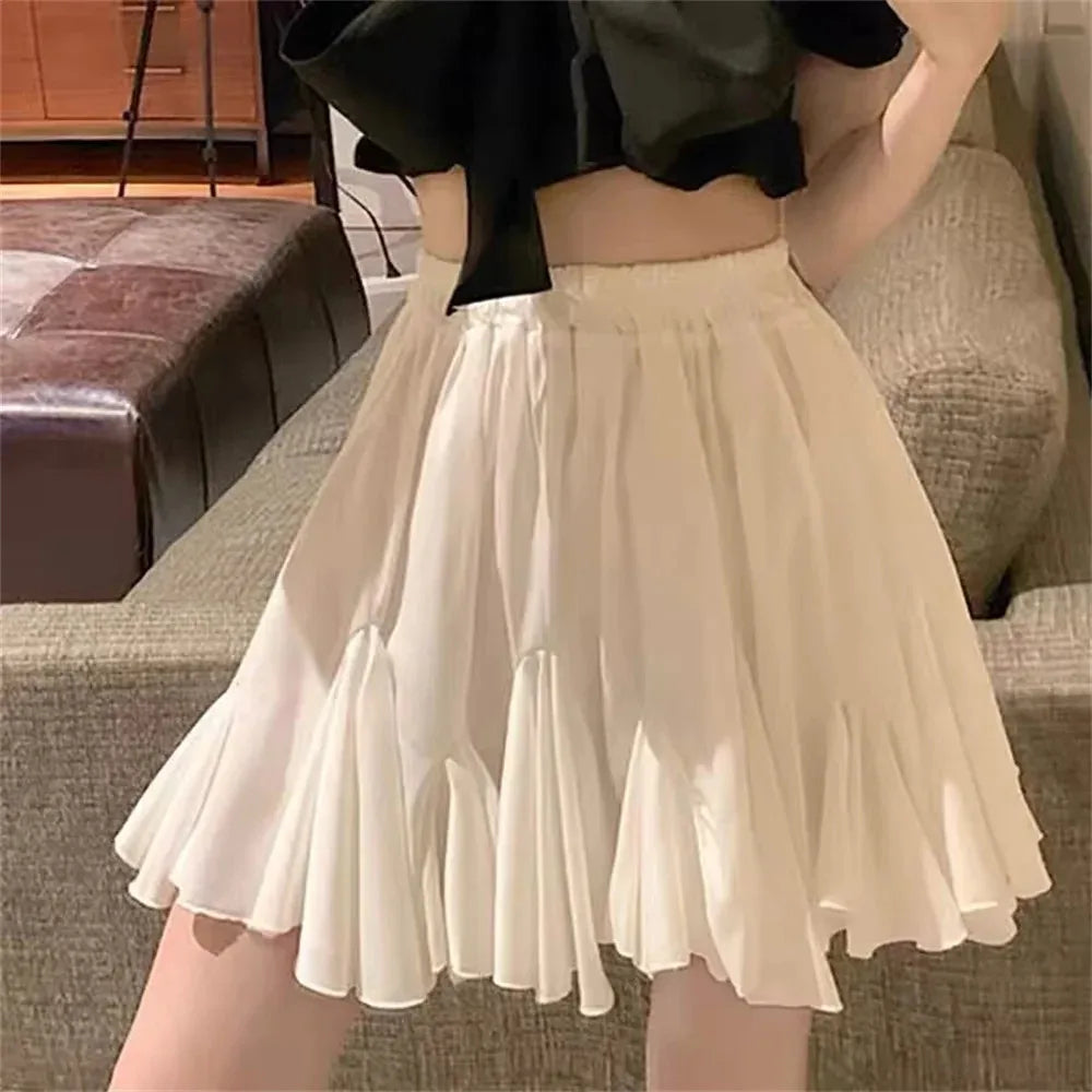 New Ruffled Skirt Elastic Waist Thin Women A-line Pleated Puffy Preppy Style Solid Color skirt