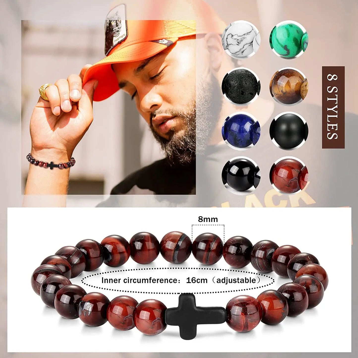 Prayer Men Natural Stone Wood Beads Rosary Hematite Cross Bracelets Onyx Meditation Bracelet Women Yoga Jewelry Homme Pulsera bracelete