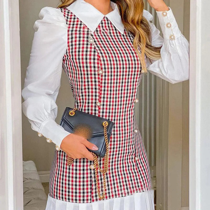 Womens Dresses Spring Fashion Houndstooth Button Decor Puff Sleeve Ruffle Hem Elegant Turn-Down Collar Daily A Line Dress long dress