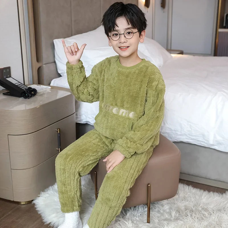 Autumn Winter Warm Flannel Pajamas For Boys Long Sleeve Home Clothes Fleece-lined Thickened Loose-fit Pyjamas Set sports wear boys