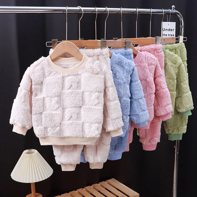 Baby flannel pajamas Korean casual solid color home clothing set for childrens long sleeved pajamas and girls warm underwear set night wear girls