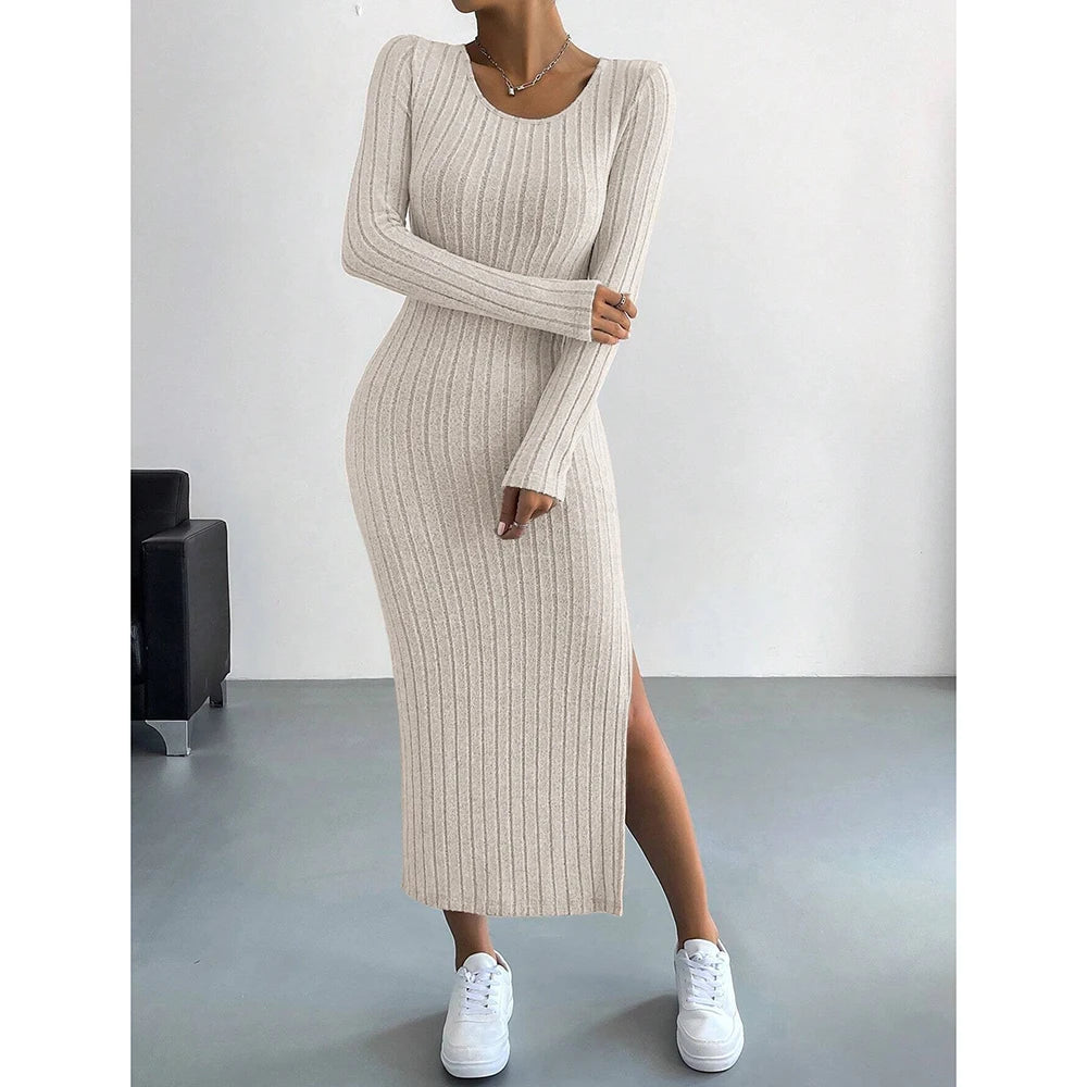 Mia Muse Women's Dresses Autumn French Plain Stripe Split Long Sleeve Scoop Neck Bodycon Full Length Maxi Casual long dress