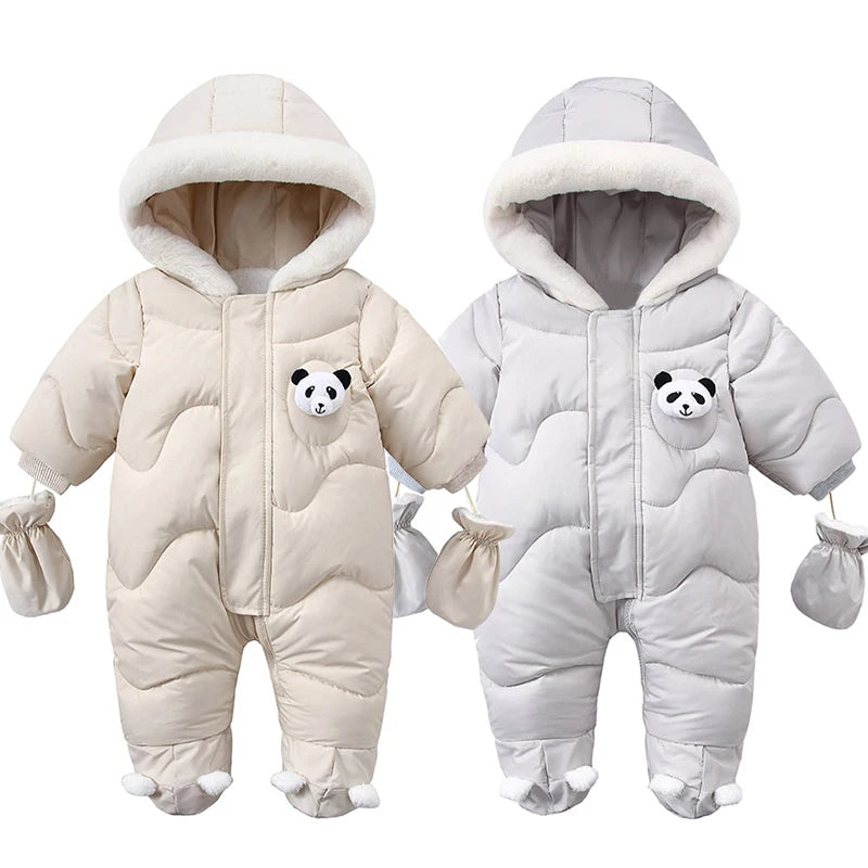 Winter Newborn Baby Romper Warm Panda Boy Jumpsuit With Gloves Cotton Plus Velvet Infant Clothing Hooded Baby Girl Clothes 0-18M infants boys