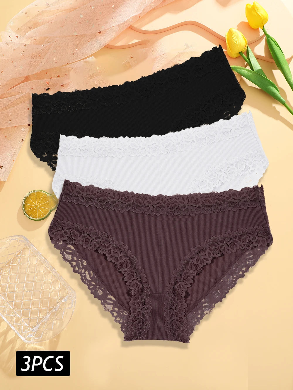 3PCS/Set Sexy Lace Cotton Panties for Women Flroal Lace Seamless Briefs Low Rise Lingerie Female Breathable Soft Underwear S-XL undergarments