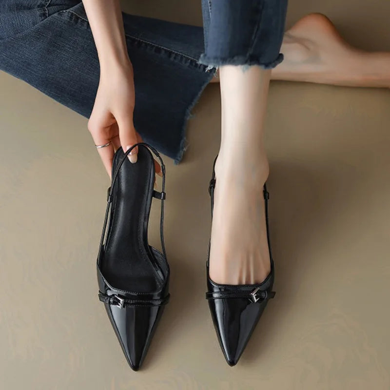 Women's Dress Shoes Patent Leather Slip on Pointed Toe Sandals Buckle Slingbacks Mid Heel shoes