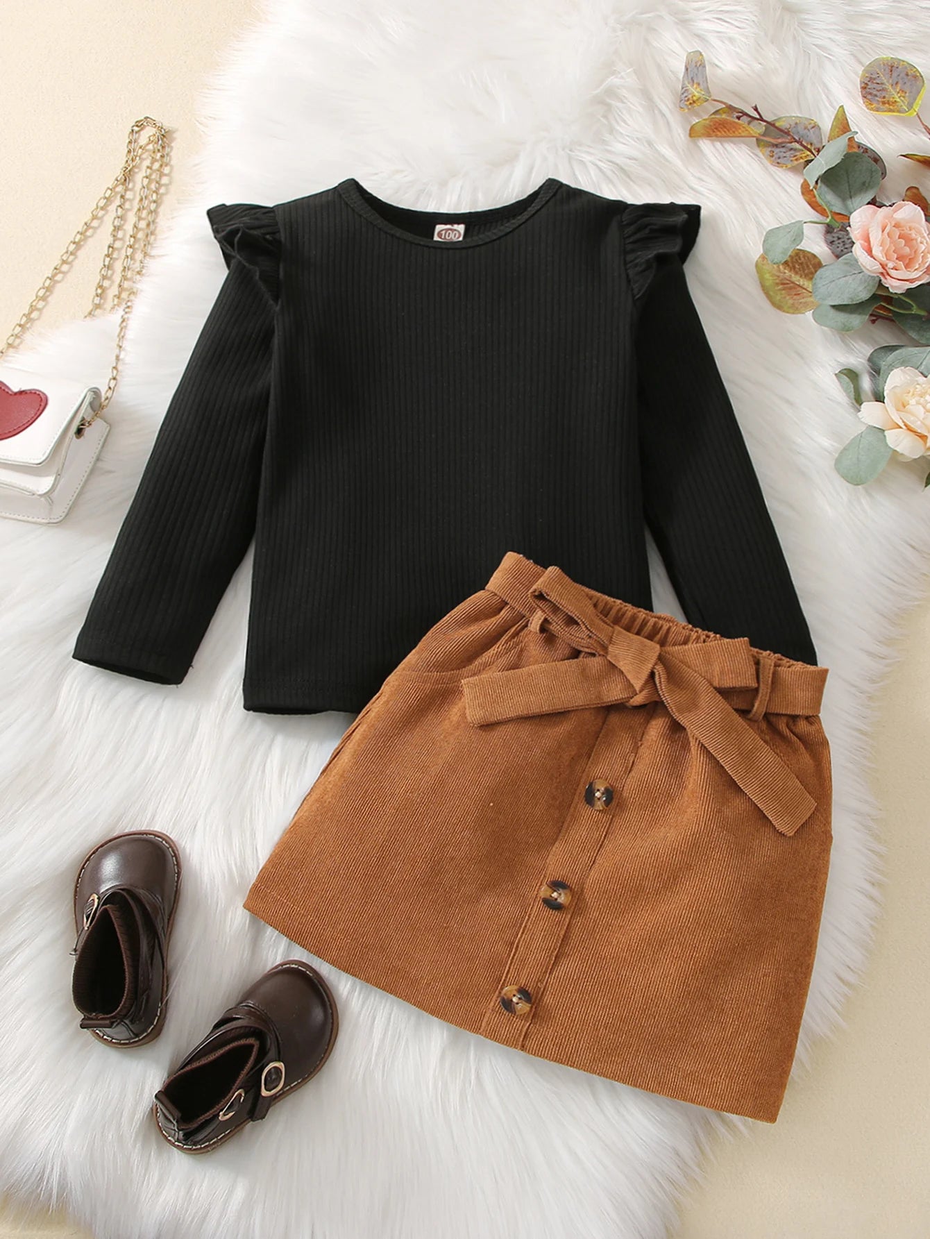 Two piece spring and autumn girl's white striped round neck long sleeved top+reddish brown fashionable casual skirt set