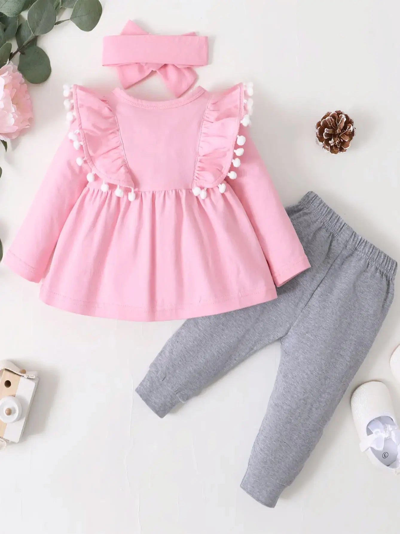 0-2 Year Old Newborn Baby Girl Spring and Autumn Round Neck Long sleeved Dress with Solid Color Pants Fashion Set infants girls