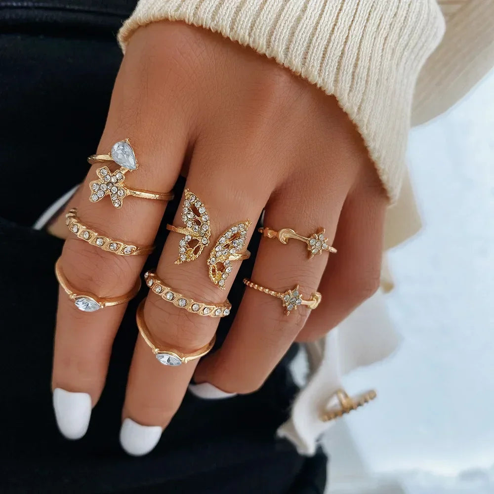 10Pcs Rings Suit For Women Silver-color Chain Ring Set Bohemian Style Coin Snake Moon Star Party Trend Gift Jewelry  rings