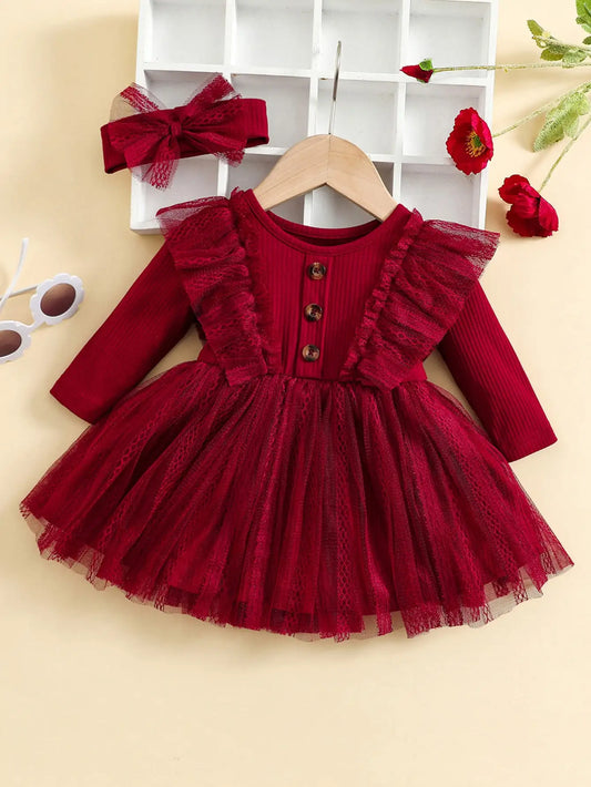 Two-Piece Baby Girl Romantic Small Flying Sleeve Long Sleeve Ruffled Mesh Dress + Bow Headscarf Spring And Autumn infants girls