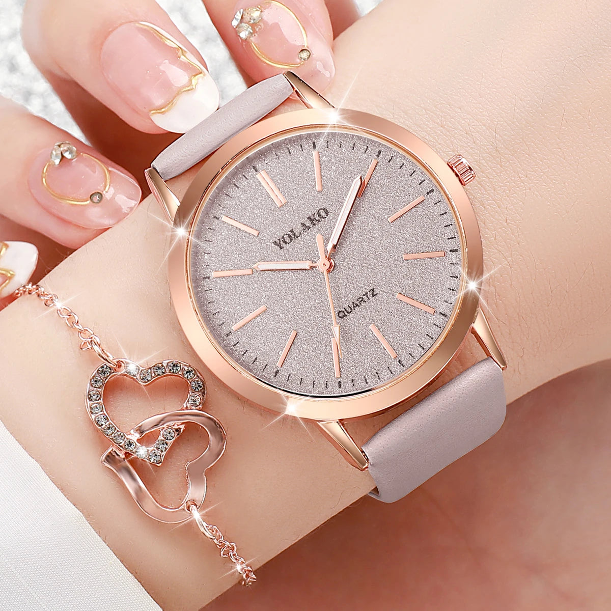 5PCS/Set Fashion Matte Dial Women Watches Diamond Heart Jewelry Set Casual Leather Band Quartz Watch（Without Box）watch