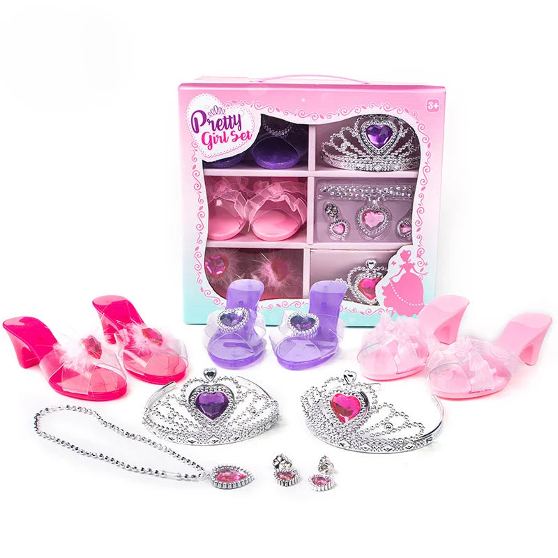 Girls Jewelry Toys Set Crystal Shoes Necklace Crown Earrings Bracelet Play Makeup Dress Up Princess Toys for Kids Role Play kids makeup