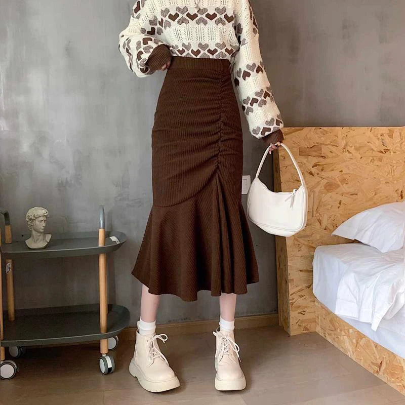 High Waist Midi Skirts for Women  Spring Slim Fit  Hip Mermaid Skirt Woman Korean Ruffles Brown Skirts