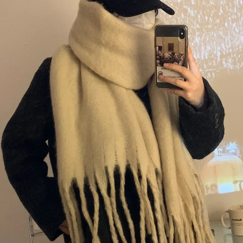 Thickened Solid Color Scarf Women's Winter New 2023 Korean Style Ins Winter Student Versatile Shawl Neck White scarf and shawl