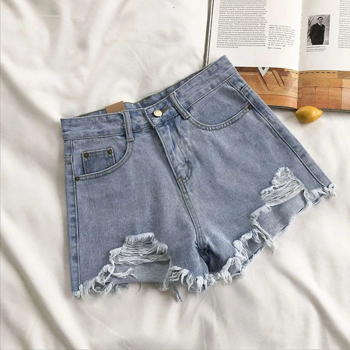 Women's Cowboy Shorts High Waist Casual Blue Denim Shorts Pocket Tassel Perforated Fashion Shorts Y2K Female Jeans shorts