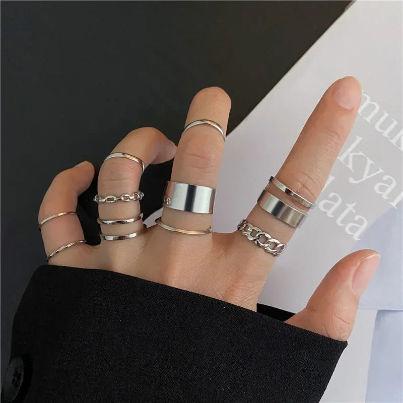 10Pcs Rings Suit For Women Silver-color Chain Ring Set Bohemian Style Coin Snake Moon Star Party Trend Gift Jewelry  rings