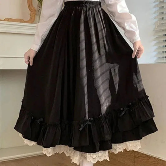 Japanese ruffles pleated skirt woman sweet high waist loose Ankle-length skirts women college style black patchwork A-line skirt