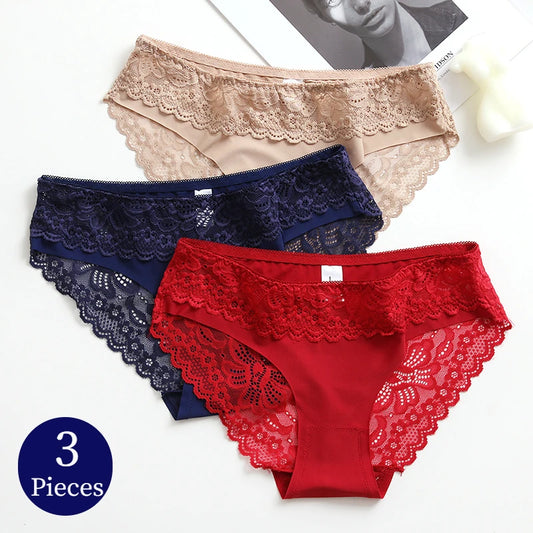 TrowBridge 3PCS/Set Women's Panties Lace Silk Satin Underwear Sexy Lingerie Soft Comfortable Female Briefs Sweet Cozy Underpants undergarments