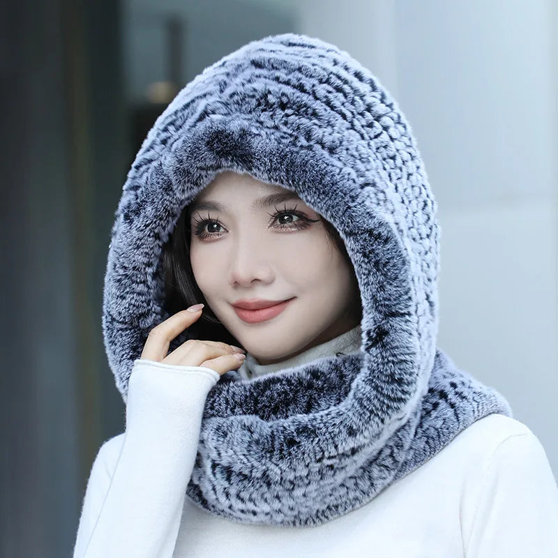 Hot Sale New Women Real Knitted Rex Rabbit Fur Hat Hooded Scarf Long Winter Warm Fur Hat With Neck Collar Scarves Hat Scarf scarf and shawl