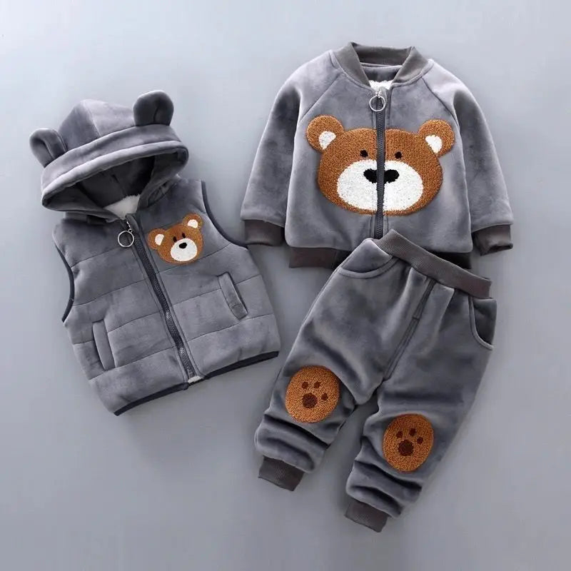 Autumn Winter Baby Boys Clothes Sets Thick Fleece Cartoon Bear Jacket Vest Pants 3Pcs Cotton Sport Suit For Girls Warm Outfits infants boys