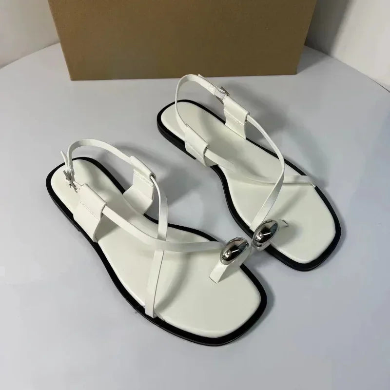 Summer Flat Sandals for Woman Fashion Metal Decoration Ladies Footwear Breathable Cross Strap Casual Clip Toe Beach Shoes casual shoes