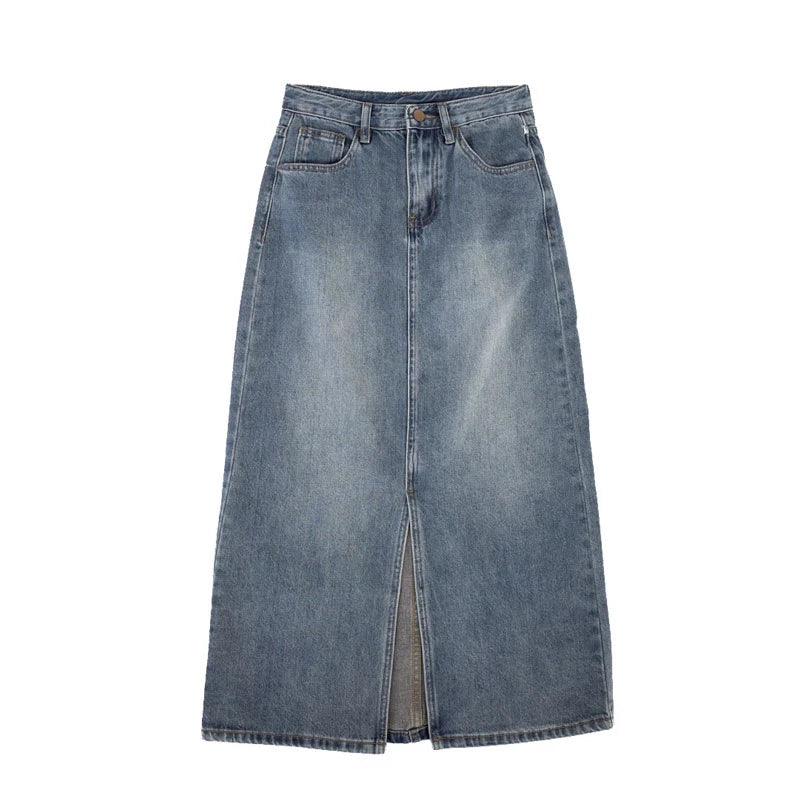 Women's Denim Wrap Skirts Retro High Waisted Split A-Line Denim Skirt Autumn Fashion Straight Skirt