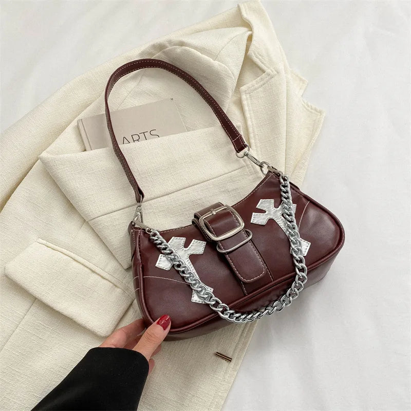 Cool Chain Y2k Girls Underarm Bags Simple Pu Leather Women's Small Shoulder Bag Fashion Retro Female Clutch Handbags Purse bags