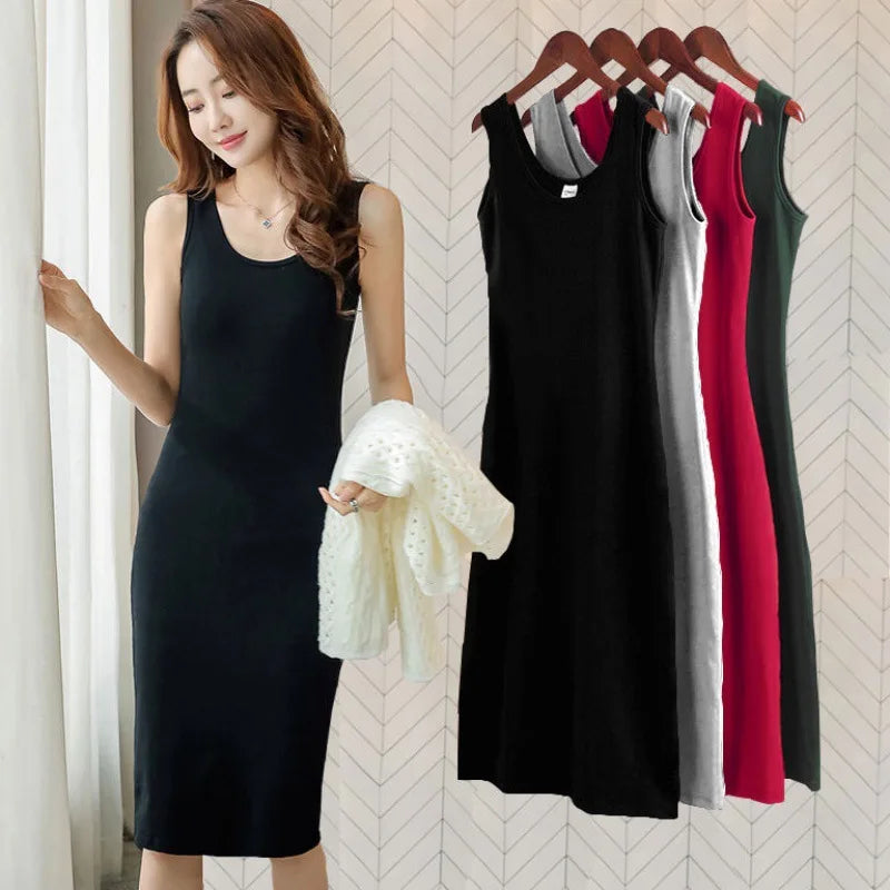 Summer Women Casual Sheath Dress Lady Sleeveless Tank Top Dress Long Slip Dress Plus Size Women Girl long  Dress