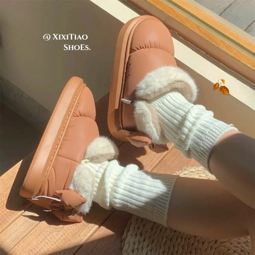 Cute Warm Ankle Boots Winter Women's Bow Warmth Plush Bow New Waterproof Down Cloth Short Barrel Snow Boots ankle boots