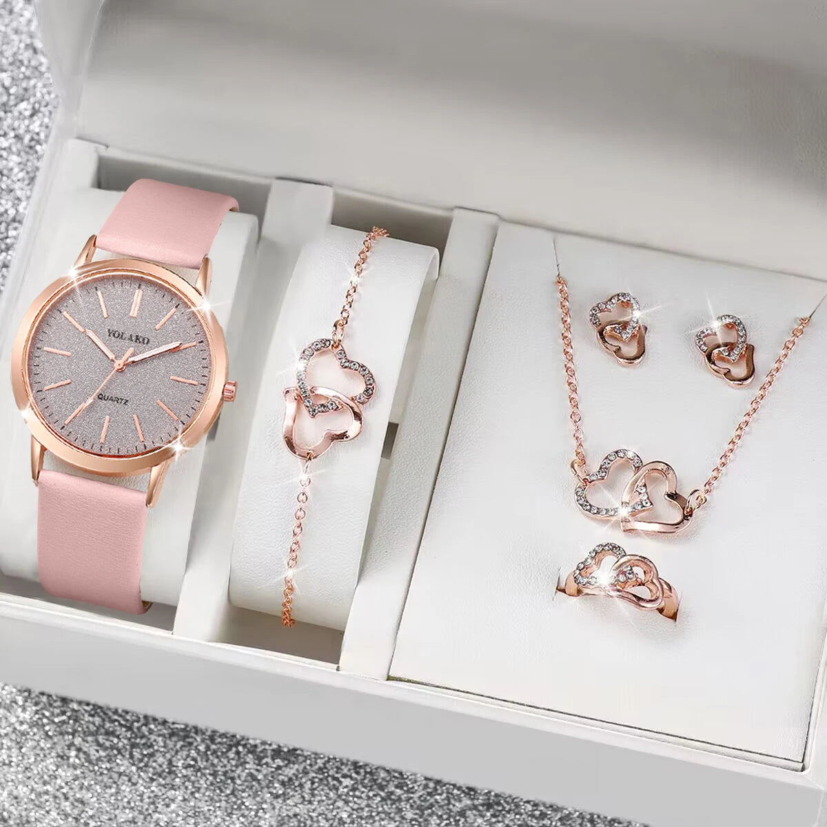 5PCS/Set Fashion Matte Dial Women Watches Diamond Heart Jewelry Set Casual Leather Band Quartz Watch（Without Box）watch