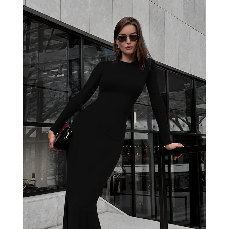 Party Dresses For Women Fashion Sexy Solid Full Sleeves O-Neck Split Bodycon Sheath Long Vestidos Robes Female Elegant Regular