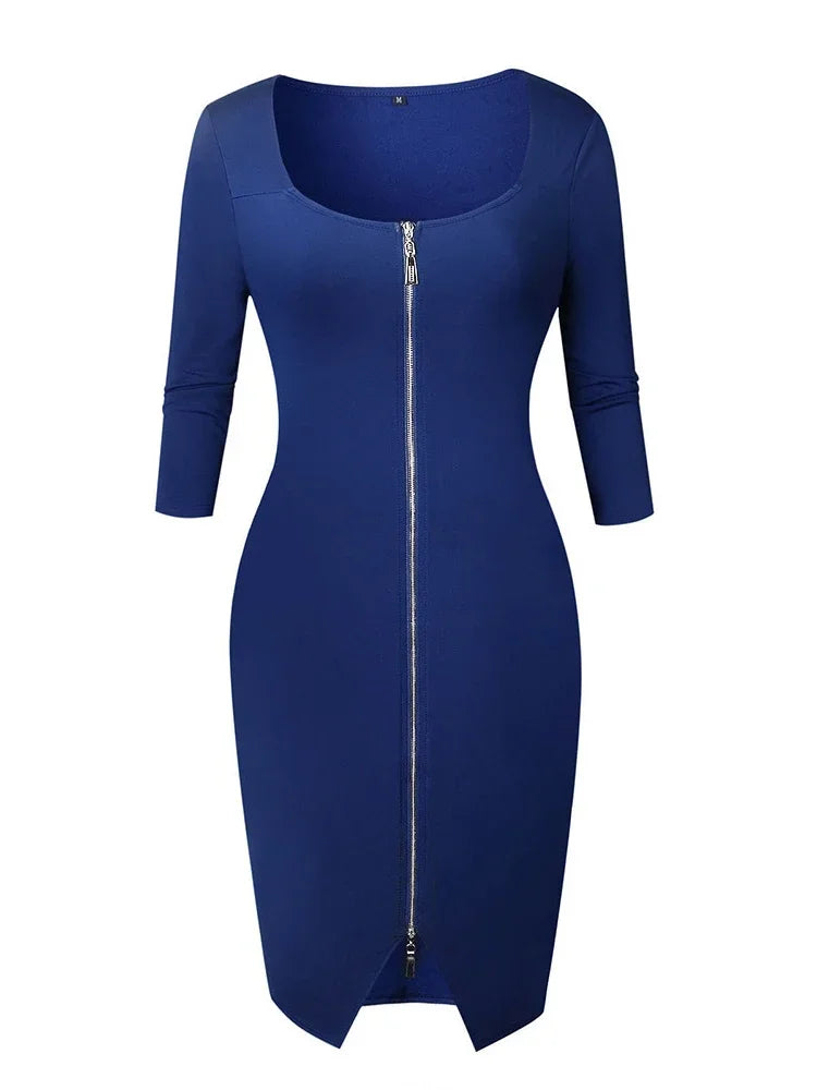 Sexy Long Zipper Girdling Waist Slim Bodycon Dress Women Half Sleeves Solid Color Skinny Dress Elegant Club Party Vestidos long dress