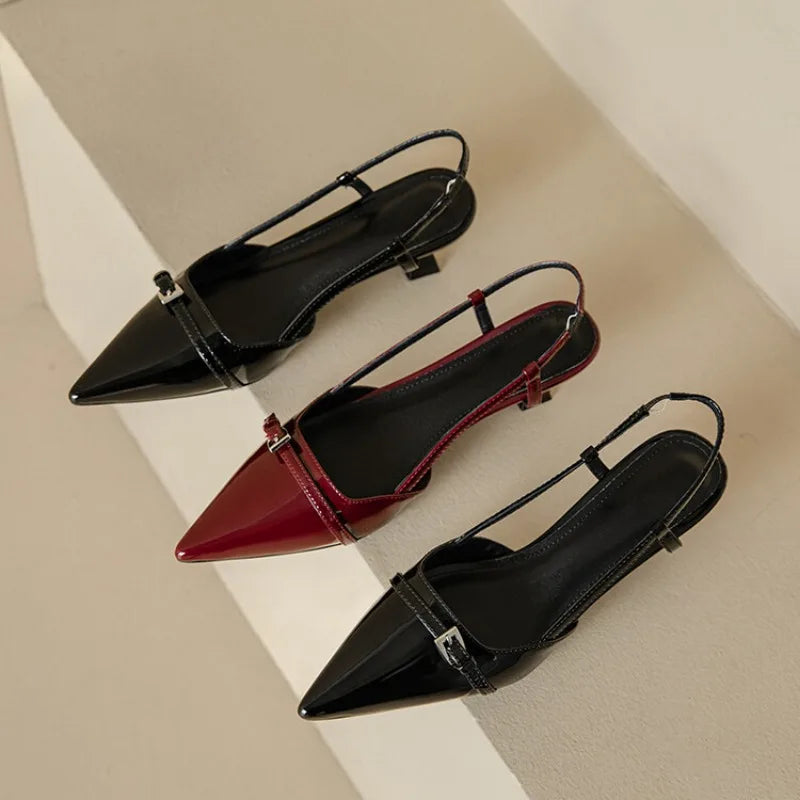 Women's Dress Shoes Patent Leather Slip on Pointed Toe Sandals Buckle Slingbacks Mid Heel shoes