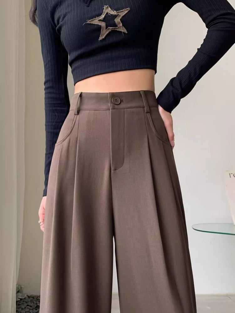 Fashion High Waist Wide Leg Pants Women Spring Fall Baggy Black Trouser Office Ladies Full Length Straight Suit Pant Outwear New bottom