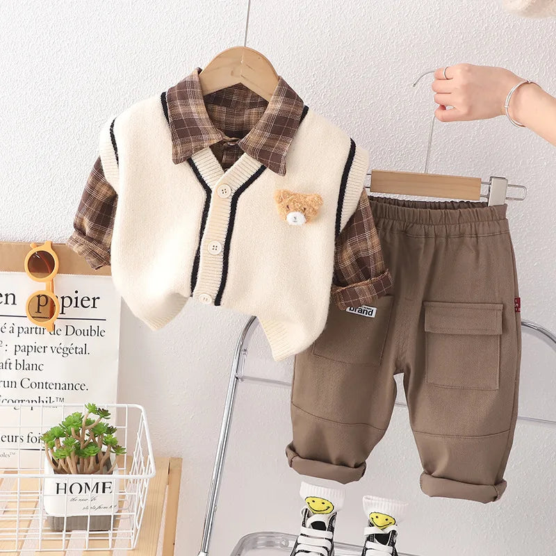 Autumn Winter 3pcs Baby Knitted Sweater Vest Plaid Shirt Pants Set Children's Cartoon Casual Suits Kids Comfortable Outfit 1-4Y infants boys