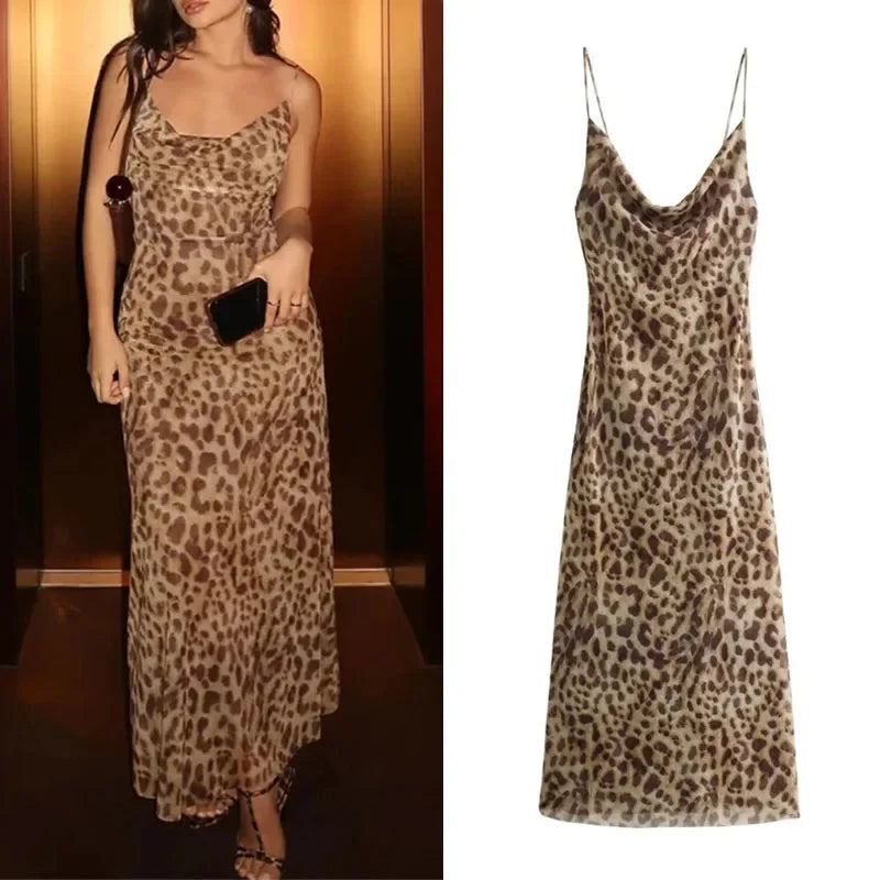 Leopard Print Long Dress Women Tulle Backless Slip Dress Woman Summer Sexy Holiday Dresses Vintage Midi Party Dress