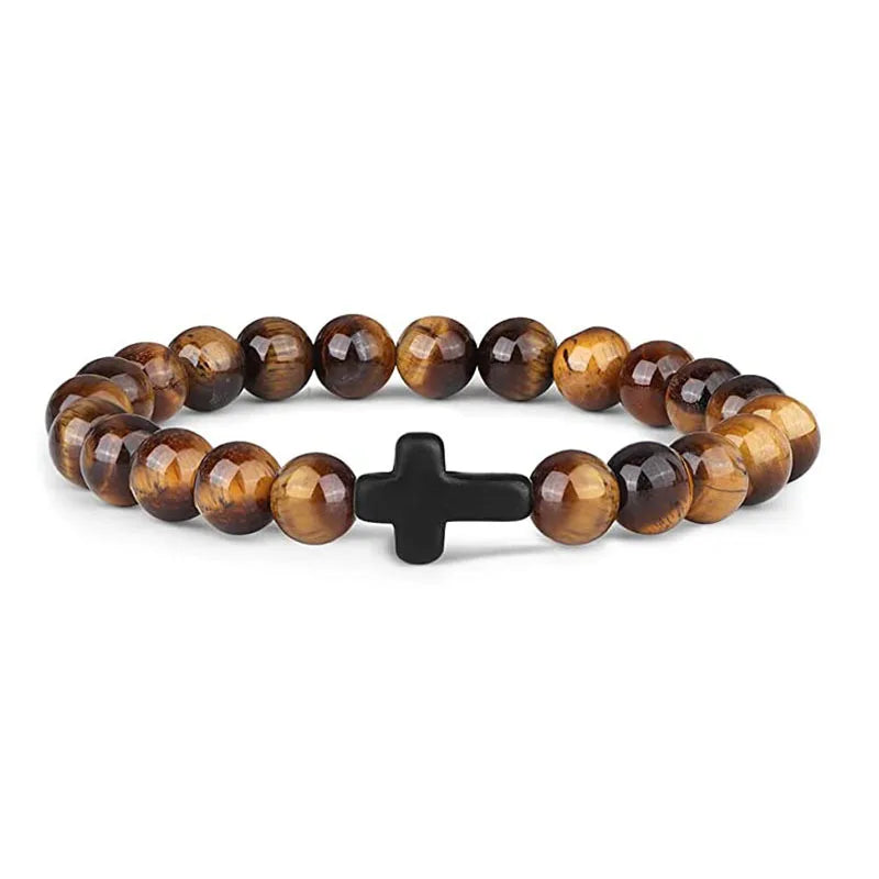 Prayer Men Natural Stone Wood Beads Rosary Hematite Cross Bracelets Onyx Meditation Bracelet Women Yoga Jewelry Homme Pulsera bracelete