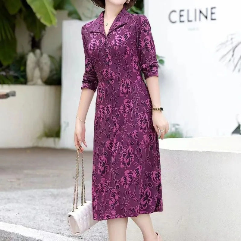 New Pullover V-neck Printing Button Fashion Slim Fit Noble Western Long Sleeved Qipao long  Dress