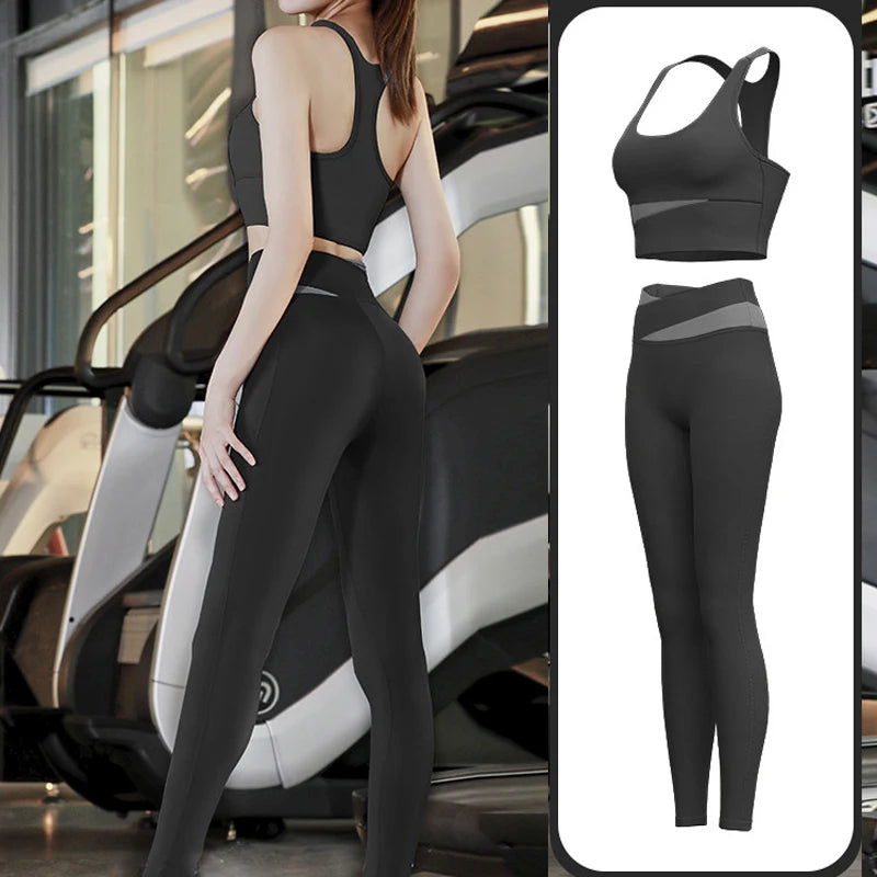 High Waist Yoga Set Lady Gym Suit Sport Set Shockproof Sport Bra Crop Top Patchwork Tracksuit Women Fitness Outfit Training Wear sports