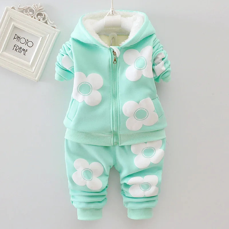 Baby Girls Flower Cartoon Thickk Woolen Autumn Winter Hoodied Jacket Coat Pants Clothing Set Children Kids Warm Clothes Suits infants girls