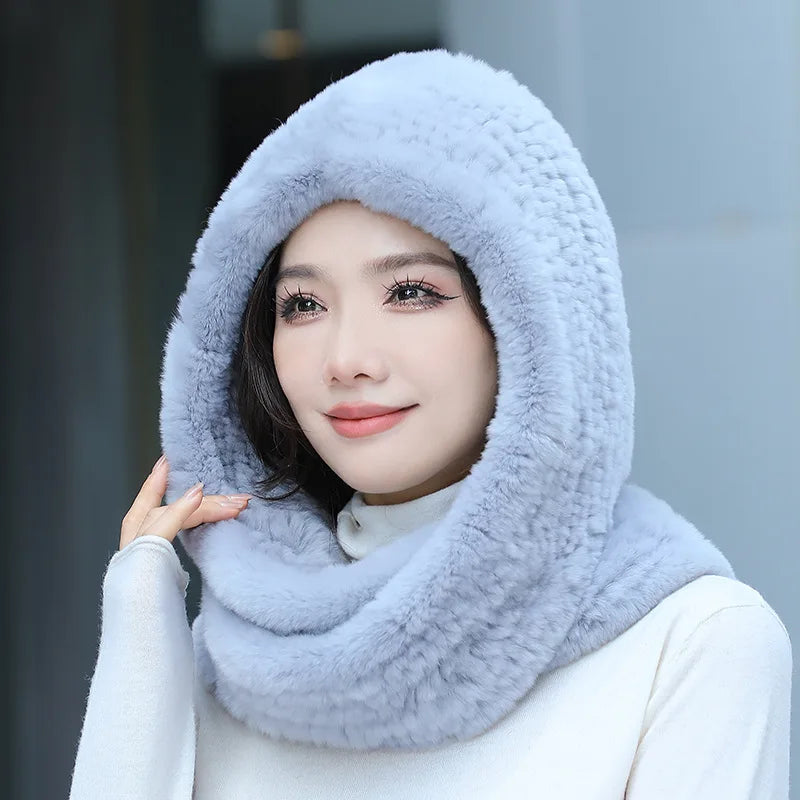 Hot Sale New Women Real Knitted Rex Rabbit Fur Hat Hooded Scarf Long Winter Warm Fur Hat With Neck Collar Scarves Hat Scarf scarf and shawl