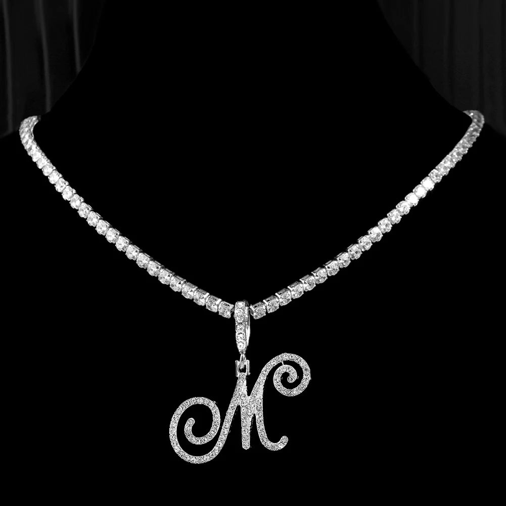 New Cursive Letters Cubic Zirconia Chain Intial Name Necklace Hip Hop Jewelry Gold Silver Color CZ 26 Alphabet Pendant Necklaces necklace