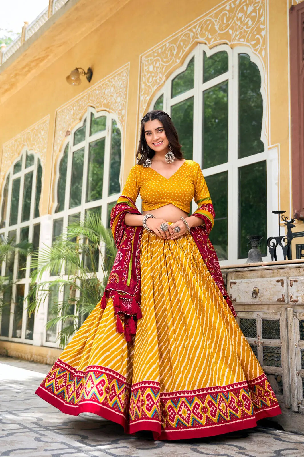 Elegant Leheriya Tussar Silk Lehenga Choli Patola Bandhani Print Indian Fashion Design party lehnga